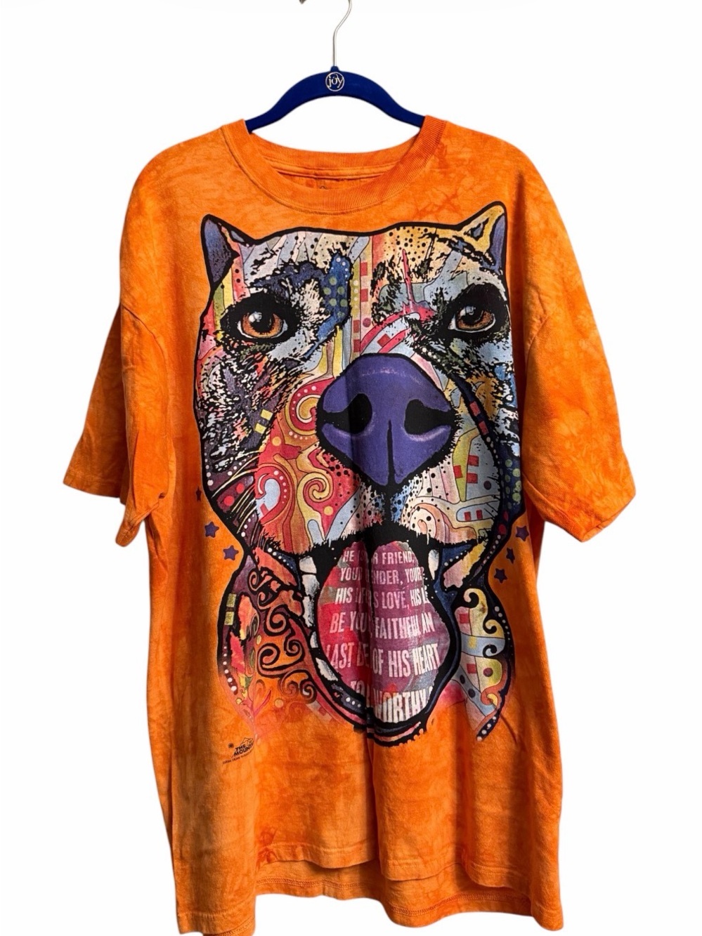 The Mountain Orange Tie-Dye Dog Graphic Tee with Multicolor Pit Bull Art